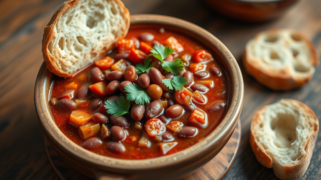 Hearty Red Bean Stew Recipe A comforting bowl of red bean stew with assorted vegetables, garnished with cilantro, served with bread.